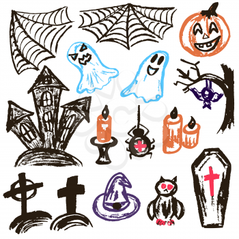 Halloween. A set of funny objects. Vector illustration. Collection of festive elements. Autumn holidays. Pumpkin, spider web, ghosts, sinister castle, candle, owl, coffin, cemetery, tree, bat, spider