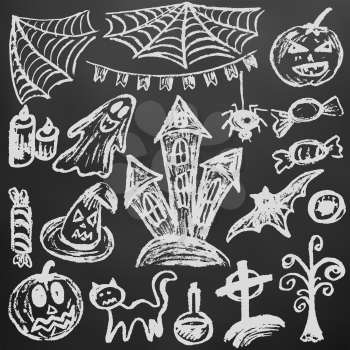 Halloween. A set of funny objects. White chalk on a blackboard. Collection of festive elements. Autumn holidays. Pumpkin, cobweb, flags, candle, ghost, sinister castle, eye, potion, tree, candy