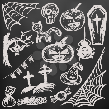 Halloween. A set of funny objects. White chalk on a blackboard. Collection of festive elements. Autumn holidays. Pumpkin, cobweb, skull, coffin, tree, bat, cemetery, candy, spider, flags, cat, witch hat