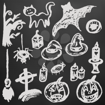 Halloween. A set of funny objects. White chalk on a blackboard. Collection of festive elements. Autumn holidays. Pumpkin, eye, cemetery, broom, tree, bat, candle, spider, cat, witch hat