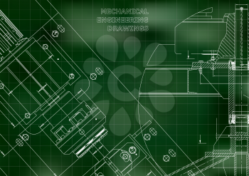 Blueprints. Mechanical construction. Technical Design. Cover. Banner. Green. Grid