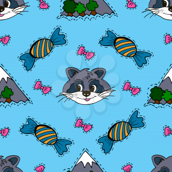 Kids, Cartoon seamless pattern. Skarpbuking. Textiles, blue cartoon background. Mountains, trees, bows, candy, raccoon