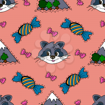 Kids, Cartoon seamless pattern. Skarpbuking. Textiles, pastel pink cartoon background. Mountains, trees, bows, candy, raccoon