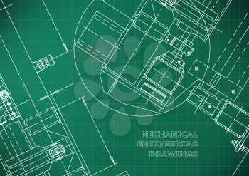 Mechanical Engineering drawing. Blueprints. Mechanics. Cover, background, banner. Light green. Grid