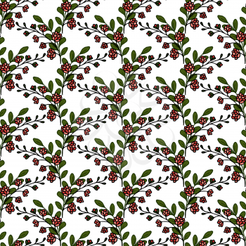 Floral seamless pattern. Pink inflorescence. Many leaves. Sprigs of flowers on a white background