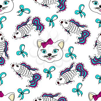 Kids, Cartoon seamless pattern. Lovely pictures for your creativity. Skarpbuking. Cat, kitty, fish, goldfish, bows