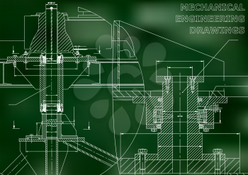 Mechanical engineering. Technical illustration. Backgrounds of engineering subjects. Technical design. Instrument making. Green background