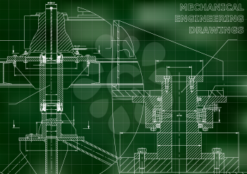 Mechanical engineering. Technical illustration. Backgrounds of engineering subjects. Technical design. Instrument making. Green background. Grid