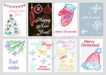A set of New Year greeting cards, banners, flyers. Happy New Year. 2019. Children's drawing wax crayons
