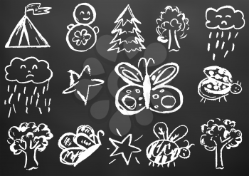Child drawing with white chalk on a black board. Design elements of packaging, postcards, wraps, covers. Sweet children's creativity. Butterfly, bug, ladybug, tree, star, cloud, rain, fur-tree, tumbler, tent
