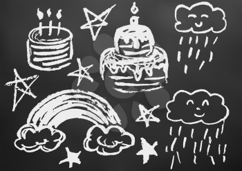Child drawing with white chalk on a black board. Design elements of packaging, postcards, wraps, covers. Sweet children's creativity. Cake, candles, sweets, birthday, stars, clouds, rainbow, rain