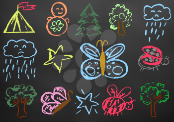 Children's drawing color chalk on a blackboard. Design elements of packaging, postcards, wraps, covers. Sweet children's creativity. Butterfly, bug, ladybug, tree, star, cloud, rain, fur-tree, tumbler, tent