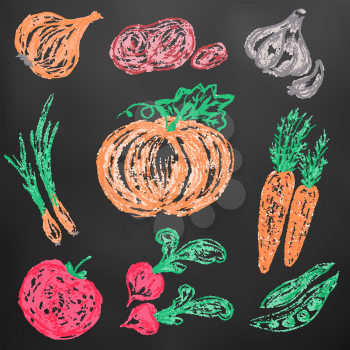 Children's drawing colored crayons on a black board. Bright beautiful vegetables. Tasty and healthy. Onions, potatoes, garlic, pumpkin, carrots, peas, tomato, radish