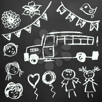 Children's drawings. Elements for the design of postcards, backgrounds, packaging. Chalk on a blackboard. School bus, children, persons, flags