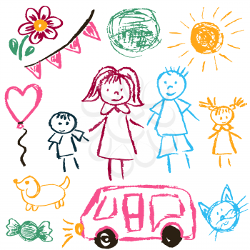 Children's drawings. Elements for the design of postcards, backgrounds, packaging. Printing for clothing. Family, sun, ball, dog car cat