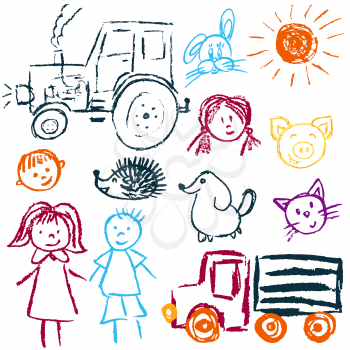 Children's drawings. Elements for the design of postcards, backgrounds, packaging. Printing for clothing. Tractor, truck, woman, man sun faces