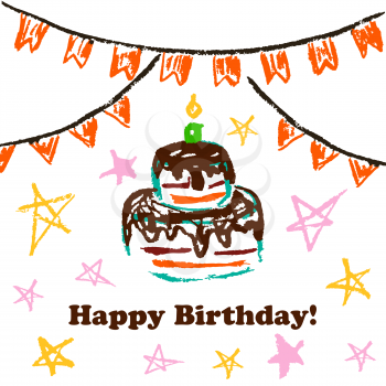 Children's drawings. Greeting card, flyer, banner. Happy Birthday Cake flags stars