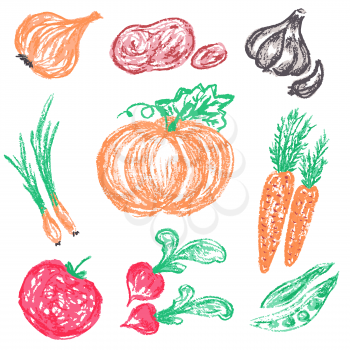 Children's drawing wax crayons. Bright beautiful vegetables. Tasty and healthy. Onions, potatoes, garlic, pumpkin, carrots, peas tomato radish