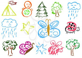 Children's drawing with colored wax crayons. Design elements of packaging, postcards, wraps, covers. Sweet children's creativity. Butterfly, bug, ladybug, tree, star, cloud, rain, fur-tree, tumbler, tent