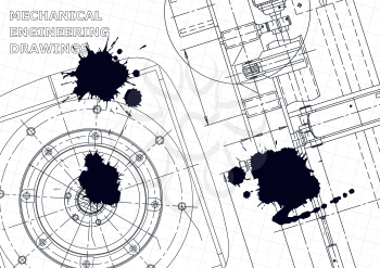 Cover, flyer. Vector engineering illustration. Blueprint, banner, background. Instrument-making drawings. Black Ink. Blots. Technical illustrations