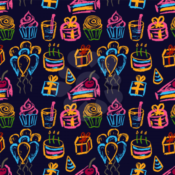 Cute stylish seamless pattern. Draw pictures, doodle. Beautiful and bright design. Interesting images for backgrounds, textiles, tapestries. Cake, balls Celebration
