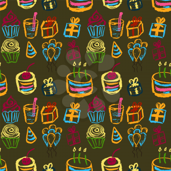 Cute stylish seamless pattern. Draw pictures, doodle. Beautiful and bright design. Interesting images for backgrounds, textiles, tapestries. Cake, gifts balls