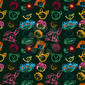 Cute stylish seamless pattern. Draw pictures, doodle. Beautiful and bright design. Interesting images for backgrounds, textiles, tapestries. Faces, flowers leaves