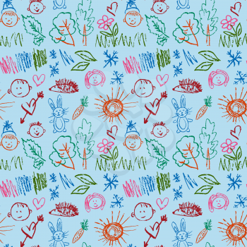 Cute stylish seamless pattern. Draw pictures, doodle. Beautiful and bright design. Interesting images for backgrounds, textiles, tapestries. Flowers, hare, carrot, sun