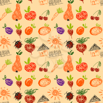 Cute stylish seamless pattern. Draw pictures, doodle. Beautiful and bright design. Interesting images for backgrounds, textiles, tapestries. House, vegetables, fruits