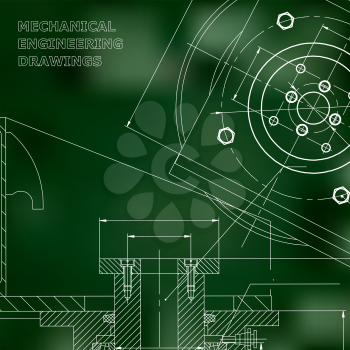 Mechanics. Technical design. Engineering style. Mechanical instrument making. Cover, flyer. Green background