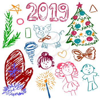 New Year 2019. New Year's set of elements for your creativity. Children's drawings of wax crayons on a white background. Christmas tree, mitten, 2019, pig, children
