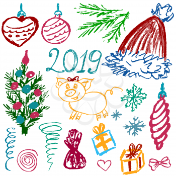 New Year 2019. New Year's set of elements for your creativity. Children's drawings of wax crayons on a white background. Snowflakes, gifts, Christmas tree, Christmas toys, candy, Christmas hat, 2019, pig