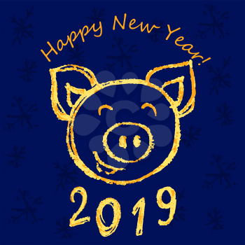 New Year's greeting card, banner, flyer. Happy New Year. 2019. Children's drawing wax crayons. Pig, snowflake