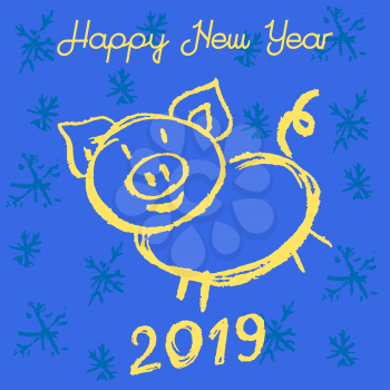 New Year's greeting card, banner, flyer. Happy New Year. 2019. Pig, snowflakes. Children's drawing wax crayons