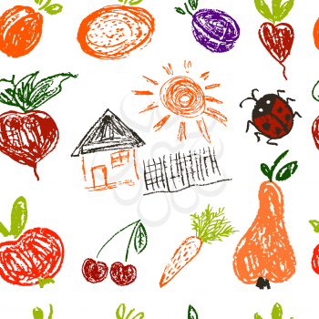 Seamless pattern. Draw pictures, doodle. Beautiful and bright design. Interesting images for backgrounds, textiles, tapestries. House, vegetables, fruits