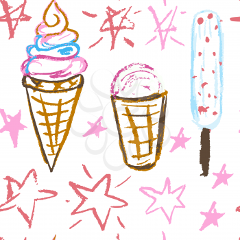 Seamless pattern. Draw pictures, doodle. Beautiful and bright design. Interesting images for backgrounds, textiles, tapestries. Ice cream, stars. Summer