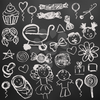 Set elements for your creativity. Children's drawings with white chalk on a black background. Newborn, stroller, cake, air balls