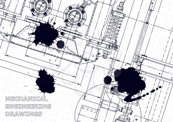 Sketch. Vector engineering illustration. Computer aided design system. Instrument-making. Black Ink. Blots