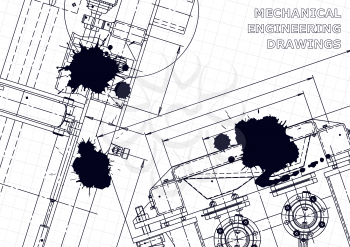 Sketch. Vector engineering illustration. Cover, flyer, banner, background. Instrument-making drawings. Black Ink. Blots. Technical illustrations