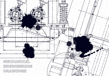 Sketch. Vector engineering illustration. Cover, flyer, banner, background. Instrument-making drawings. Mechanical engineering drawing. Black Ink. Blots. Blueprint, outline