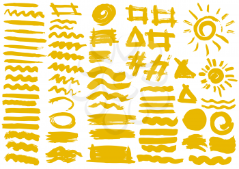 Solar design elements. Vector Sun. Orange stripes, grunge. Handmade. Original textures, hand drawing. Brushes frames for text backgrounds