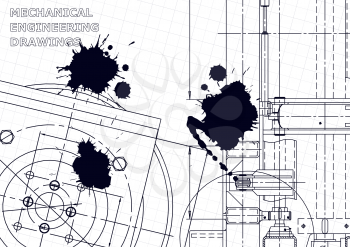 Vector engineering illustration. Computer aided design systems. Instrument-making drawings. Mechanical engineering drawing. Technical illustrations, backgrounds. Black Ink. Blots