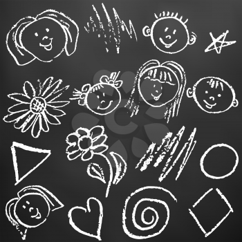 Children's drawings. Elements for the design of postcards, backgrounds, packaging. Printing for clothing. Drawing chalk on a black board. Faces, flowers, geometric shapes