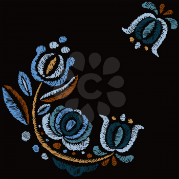 Embroidery on a black background. Stitch embroidery. Flowers in blue tones. Illustration for your design. Prints for textiles, postcards