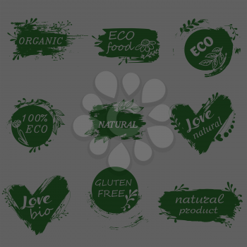 I love organic. Vector illustration for menu of restaurants, packaging, advertising. Set of logos, icons, design elements. Doodle logos. Natural food, organic food, veggie food