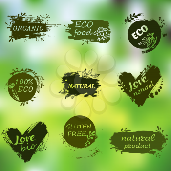 I love organic. Vector illustration for menu of restaurants, packaging, advertising. Set of logos, icons, design elements. Doodle logos. Natural food, organic food, veggie food. Healthy food