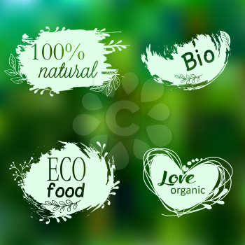 Set of logos, icons, design elements. Natural food, organic food, veggie food. Healthy food label. Doodle logos. Hand drawing. Bio organic