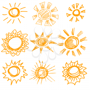 Sun. A set of handmade drawings. Elements for the design of postcards, backgrounds, packaging. Printing for clothing. Doodle drawing