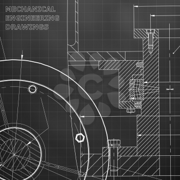 Backgrounds of engineering subjects. Technical illustration. Mechanical engineering. Black background. Grid