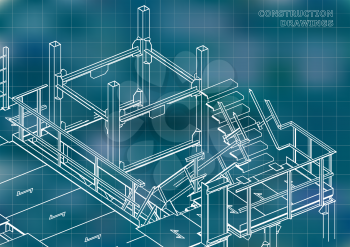 Building. Metal constructions. Volumetric constructions. Blue background. Grid